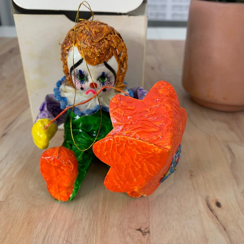 Vintage Sad Clown with Orange Umbrella Christmas Ornament